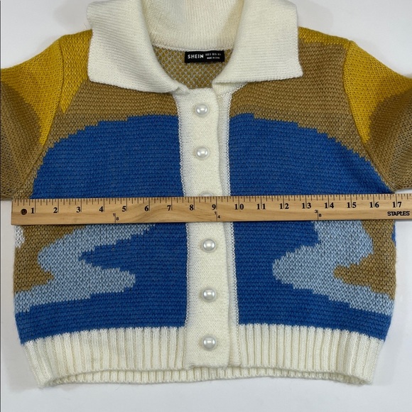 SHEIN Colorblock Knit Cropped Cardigan Sweater Pearl Buttons Womens Sz S - Picture 3 of 6